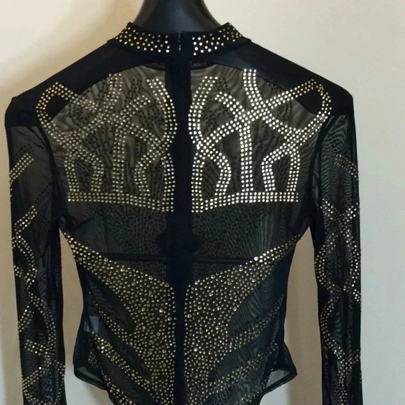 Sexy Sheer Black Mesh Bodysuit – Gold Rhinestone Embellished, Long Sleeve - Picture 4 of 8